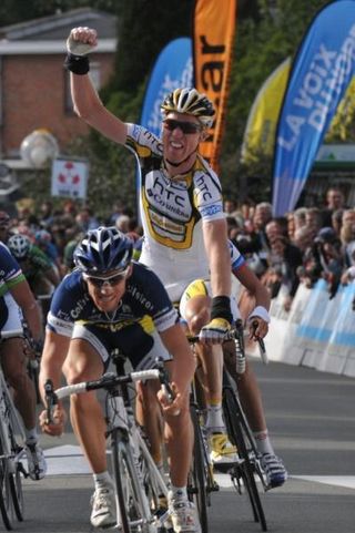 Marcel Sieberg celebrates his teammate's win.
