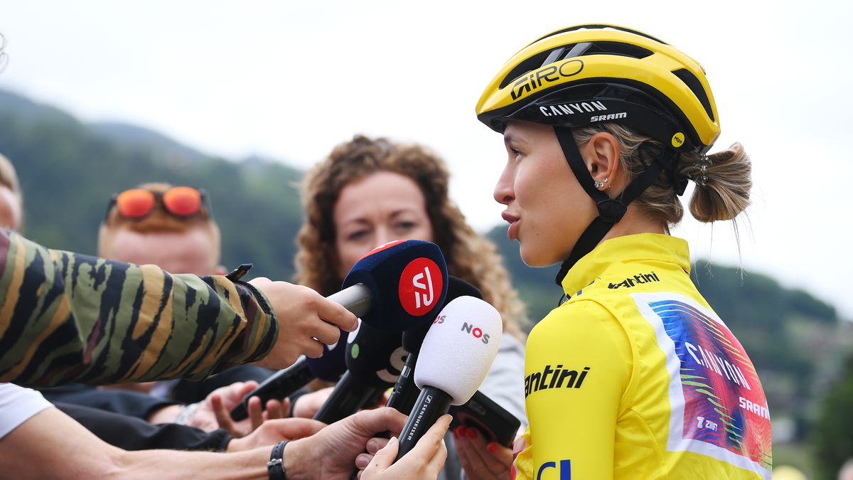 LE GRAND-BORNAND, FRANCE - AUGUST 18: Katarzyna Niewiadoma of Poland and Team Canyon//SRAM Racing - Yellow leader jersey meets the media press prior to the 3rd Tour de France Femmes 2024, Stage 8 a 149.9km stage from Le Grand-Bornand to Alpe d&#039;Huez 1828m / #UCIWWT / on August 18, 2024 in Le Grand-Bornand, France. (Photo by Alex Broadway/Getty Images)