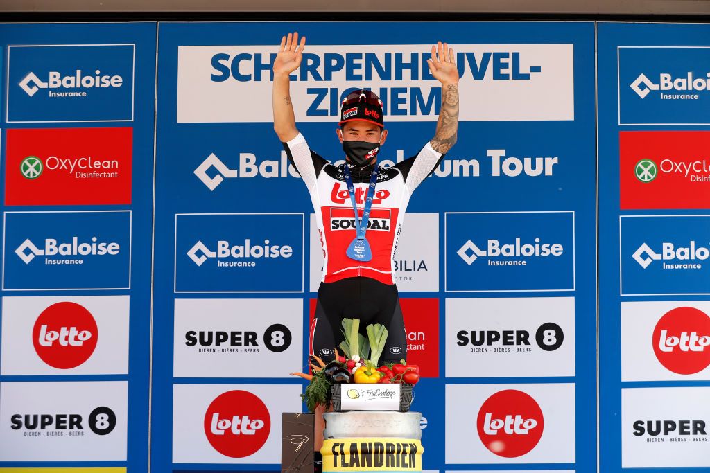 SCHERPENHEUVELZICHEM BELGIUM JUNE 11 Caleb Ewan of Australia and Team Lotto Soudal celebrates at podium during the 90th Baloise Belgium Tour 2021 Stage 3 a 1744km stage from Gingelom to ScherpenheuvelZichem Trophy baloisebelgiumtour on June 11 2021 in ScherpenheuvelZichem Belgium Photo by Bas CzerwinskiGetty Images