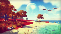 Alien planet with spaceships flying over it