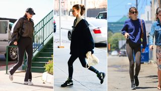 A collage of Kendall Jenner, Bella Hadid, and Kaia Gerber wearing Nike sneakers on various occasions