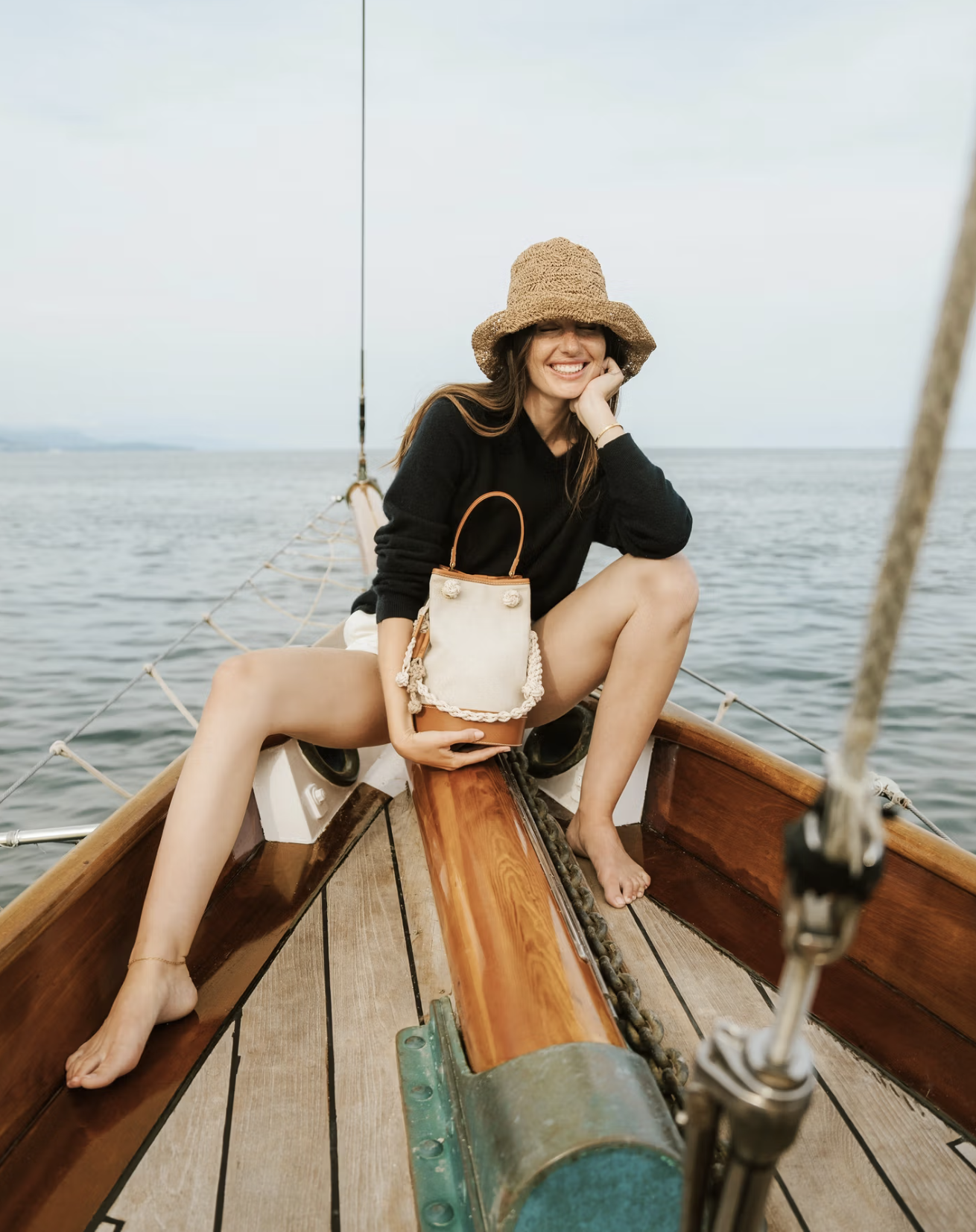 Ratsey & Lapthorn cream Ditty bucket bag on ship