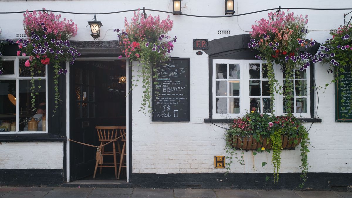 Fujifilm X100VI image gallery: UK pub frontage, there are hanging flowers