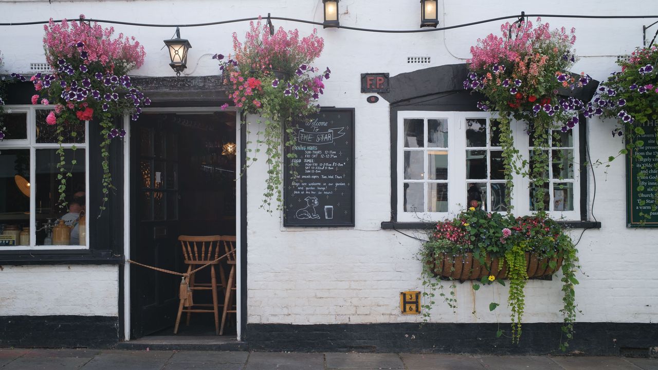 Fujifilm X100VI image gallery: UK pub frontage, there are hanging flowers