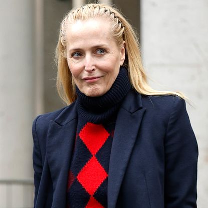 Gillian Anderson was spotted in a two-tone argyle sweater after walking in the Miu Miu Fall 2026 show