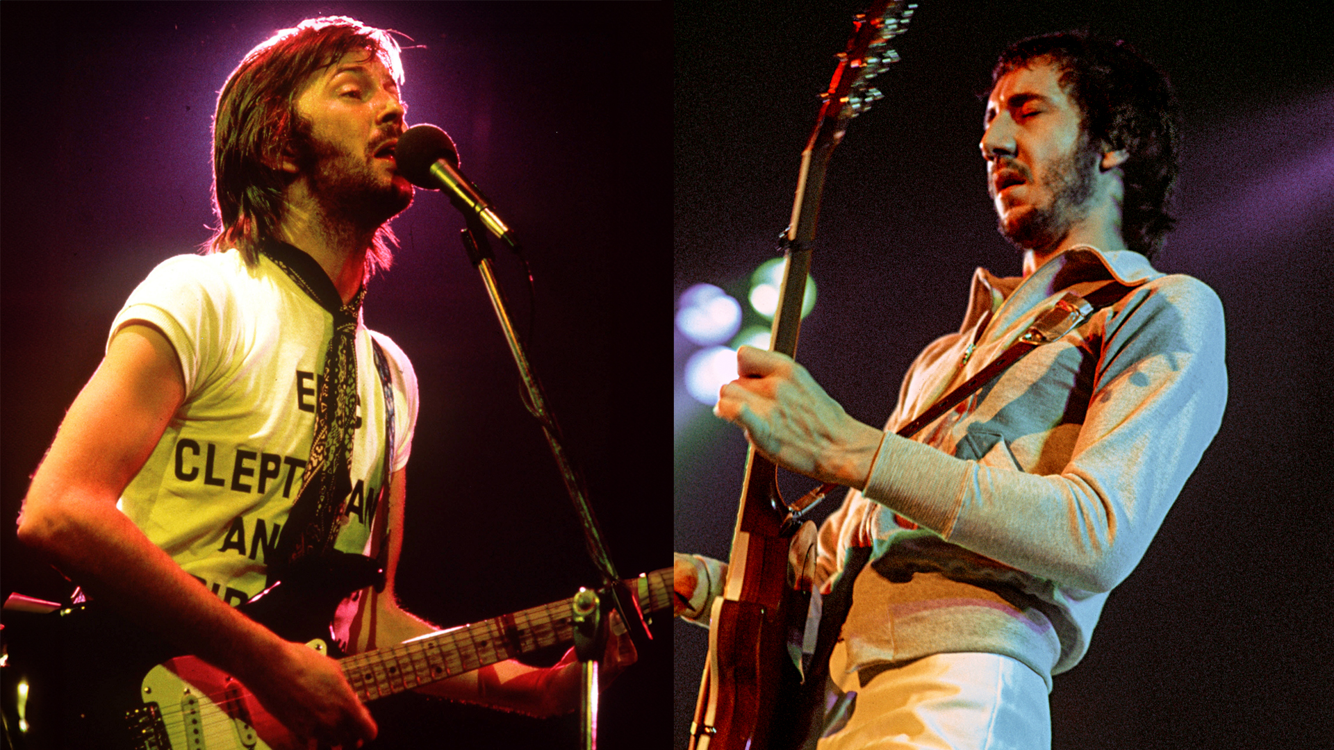 LEFT: Eric Clapton performing in Philadelphia on his US tour, July 1974. RIGHT: Pete Townshend performs with The Who at the Omni Coliseum on November 27, 1973 in Atlanta, Georgia.
