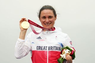 Sarah Storey of Team Great Britain with her gold medal from the women's C5 Time Trial on day 7 of the Tokyo 2020 Paralympic Games