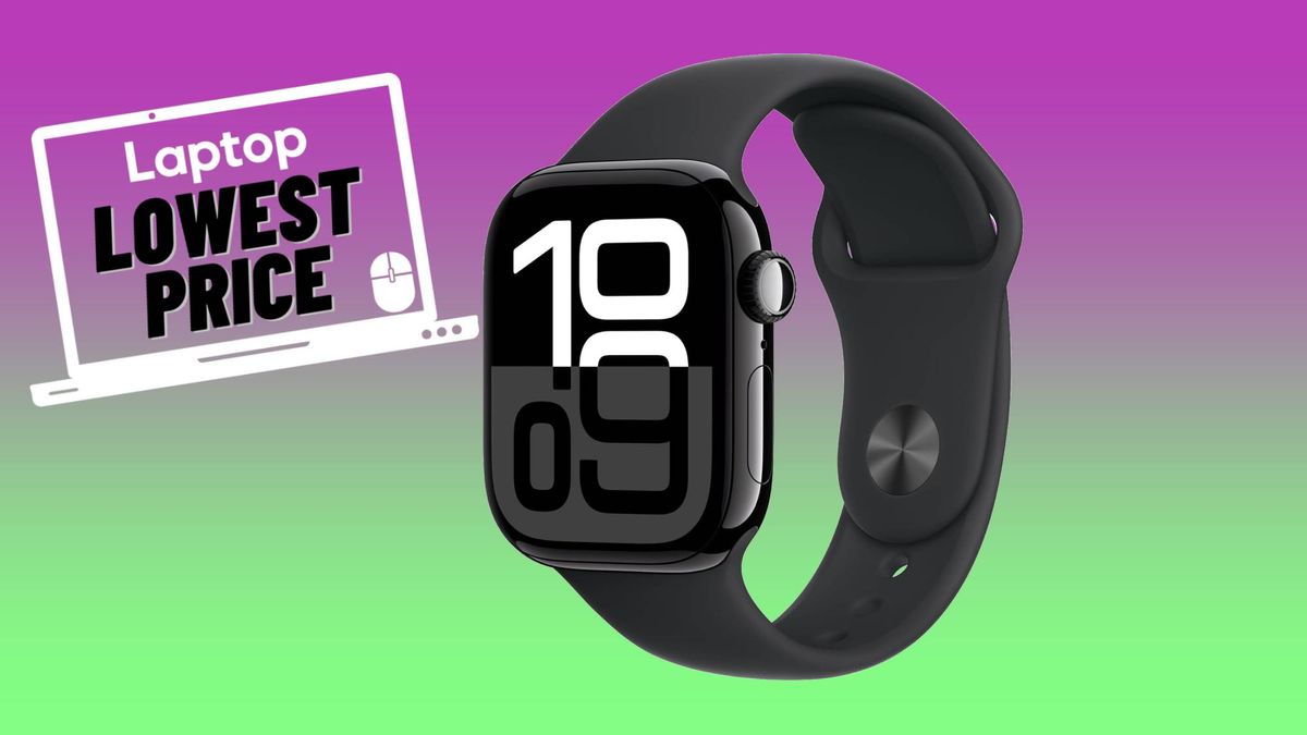 Black Apple Watch Series 10 smartwatch against purple, green gradient background