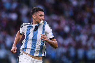 Alejo Veliz of Argentina celebrates after scoring the team's first goal during the FIFA U-20 World Cup Argentina 2023 Group A match between Argentina and Guatemala at Estadio Santiago del Estero on May 23, 2023 in Santiago del Estero, Argentina.