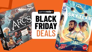 Arcs and Sky Team board game boxes on either side of a 'Black Friday deals' badge, all against an orange background