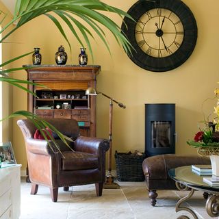 Room with yellow walls and leather chair and stool
