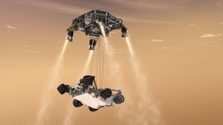 This artist's concept depicts a sky crane lowering NASA's Curiosity rover onto the Martian surface.