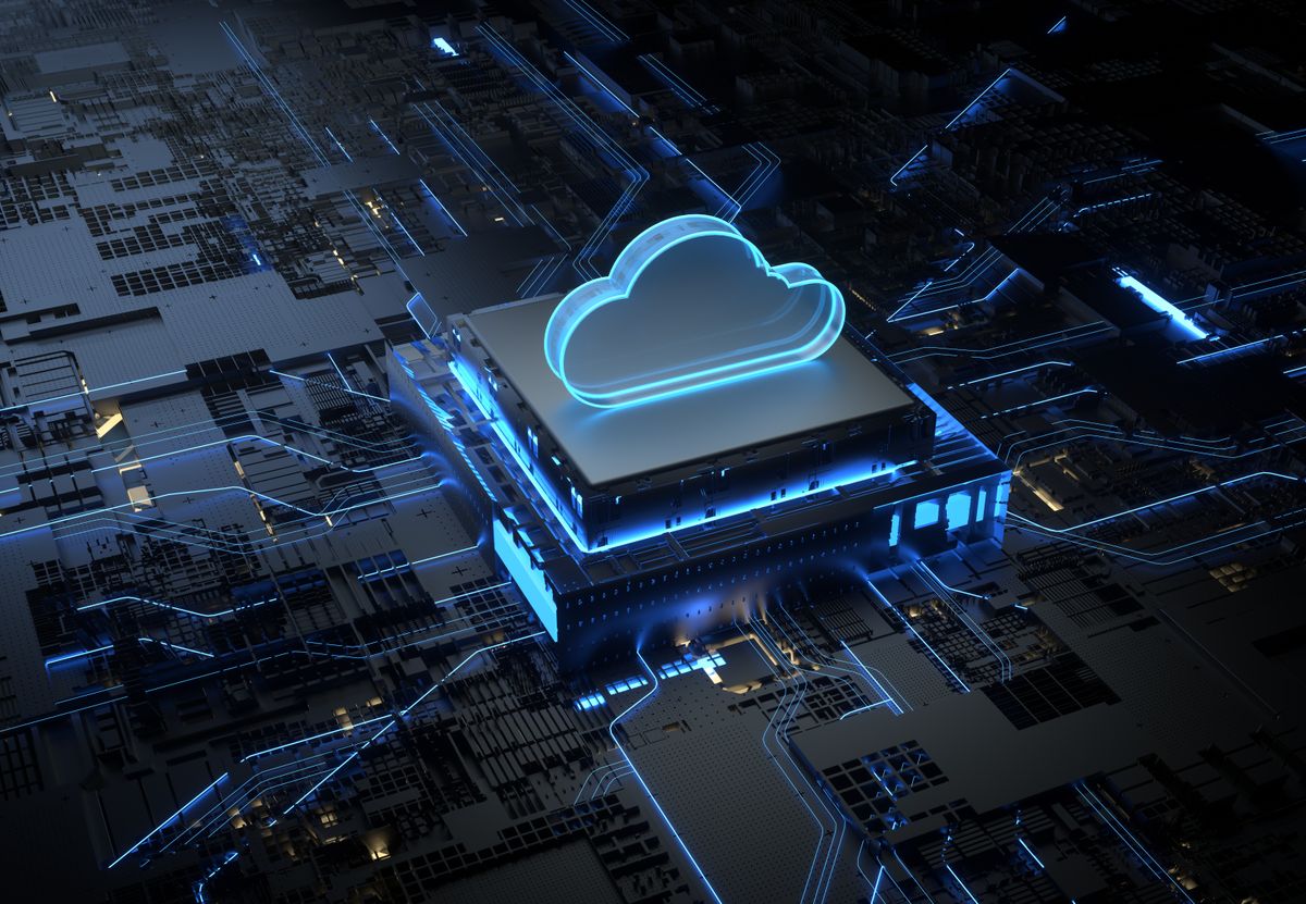 Kubernetes on AWS hack: a picture of a cloud on a 3D rendering of computer chip in balck and neon blue colouring