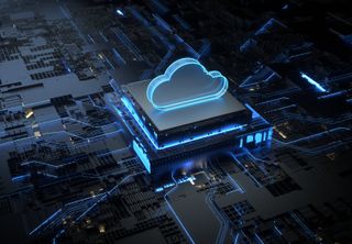 Kubernetes on AWS hack: a picture of a cloud on a 3D rendering of computer chip in balck and neon blue colouring