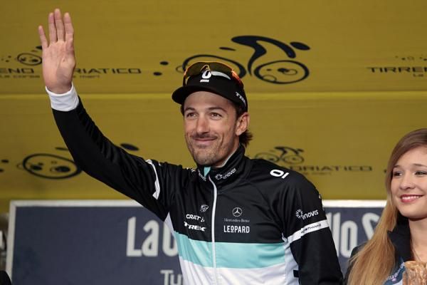 Fabian Cancellara (Leopard Trek) on the podium after winning Tirreno-Adriatico's concluding time trial.