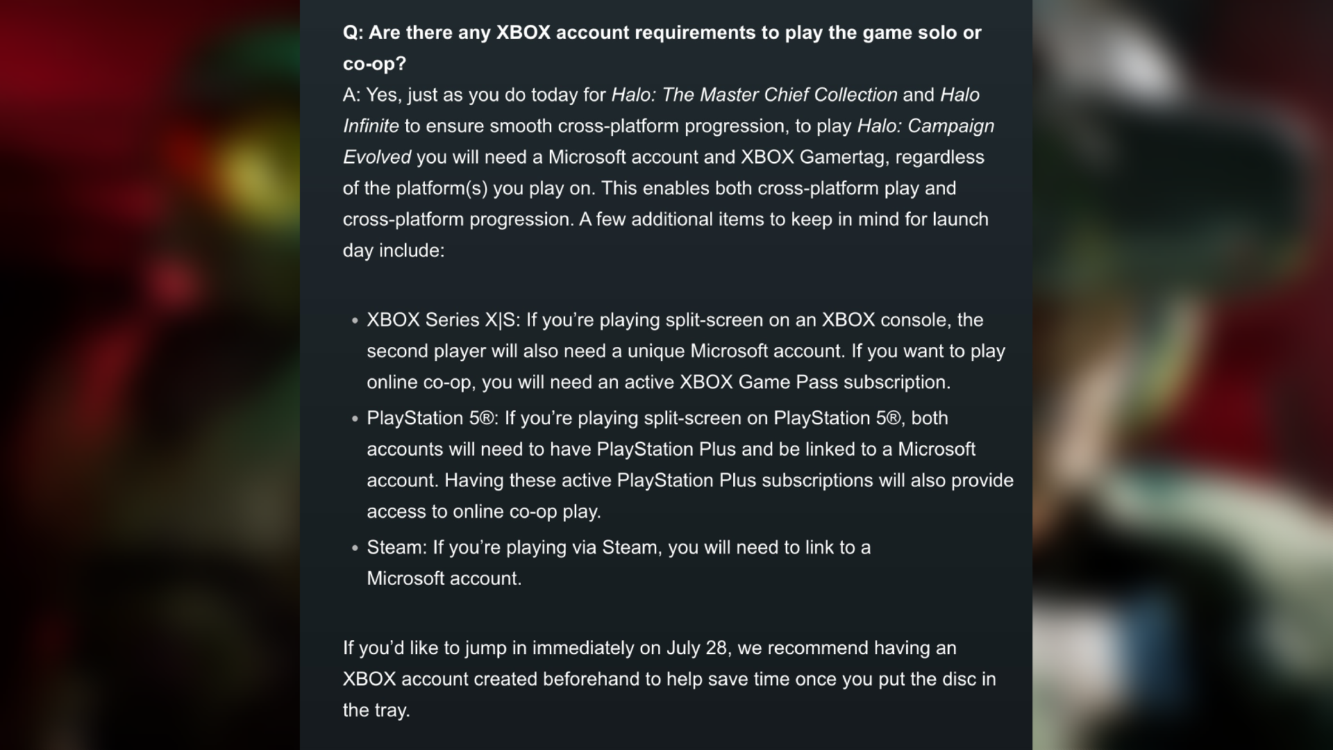 Halo Waypoint Q&amp;amp;A screenshot outlining account requirements for Halo: Campaign Evolved, including Microsoft account linking and PlayStation Plus subscriptions for PS5 split-screen co-op.