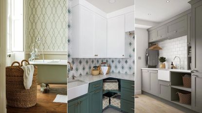 Triptych of storage basket in green bathroom on left, laundry room with corner cabinets and cubby for baskets in the middle, grey cabinets with built-in holes for laundry baskets