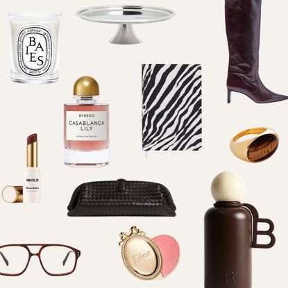 A scattering of gift guide products on a beige background