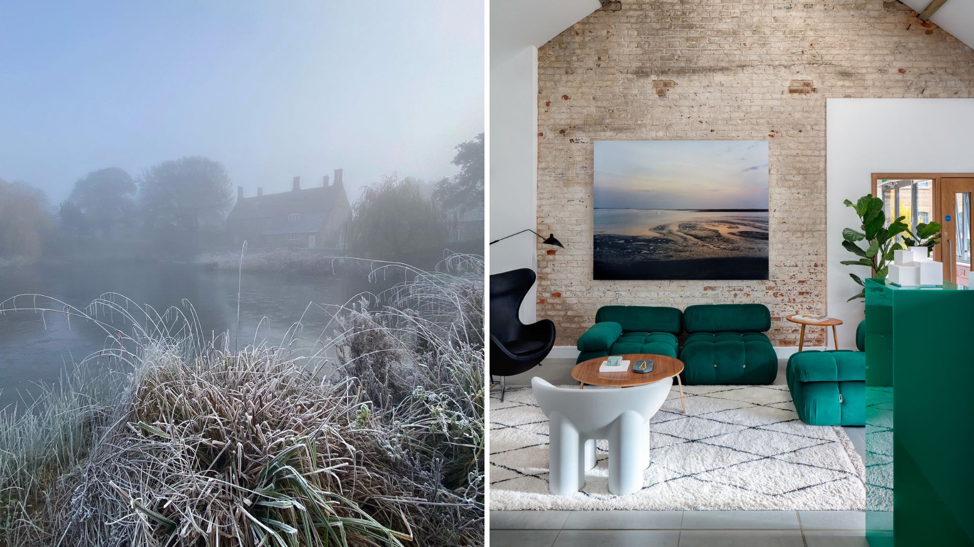 frosty scene of a house across a lake and a living room with green velvet sofas