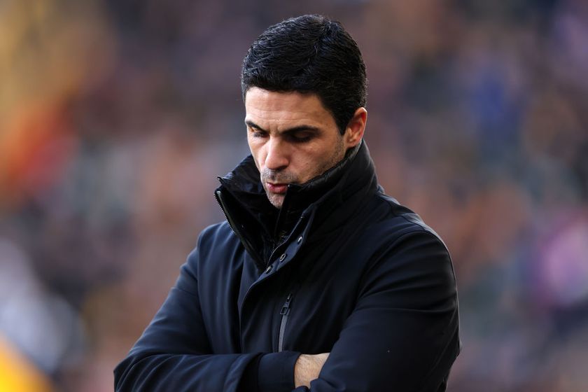 Mikel Arteta manager / head coach of Arsenal during the Premier League match between Wolverhampton Wanderers FC and Arsenal FC at Molineux on January 25, 2025 in Wolverhampton, England.