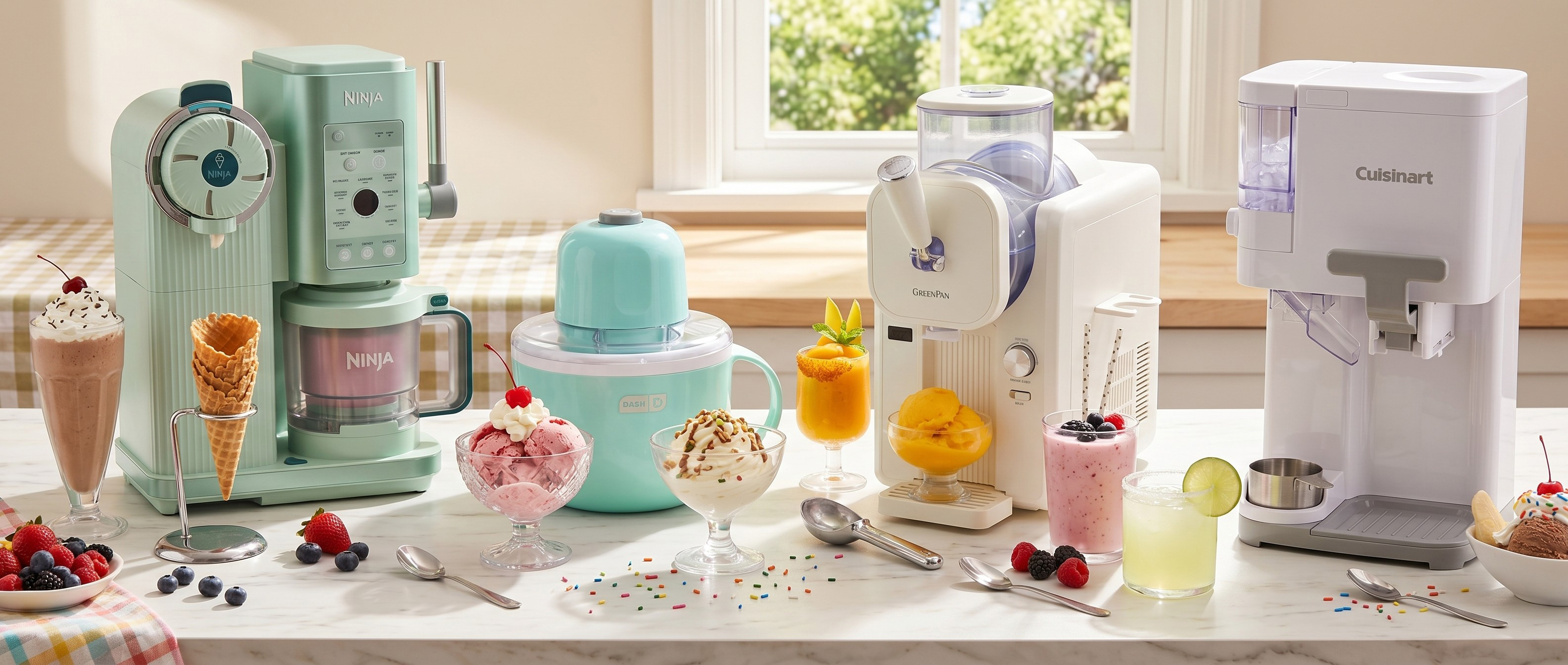 Selection of ice cream makers on a marble countertop
