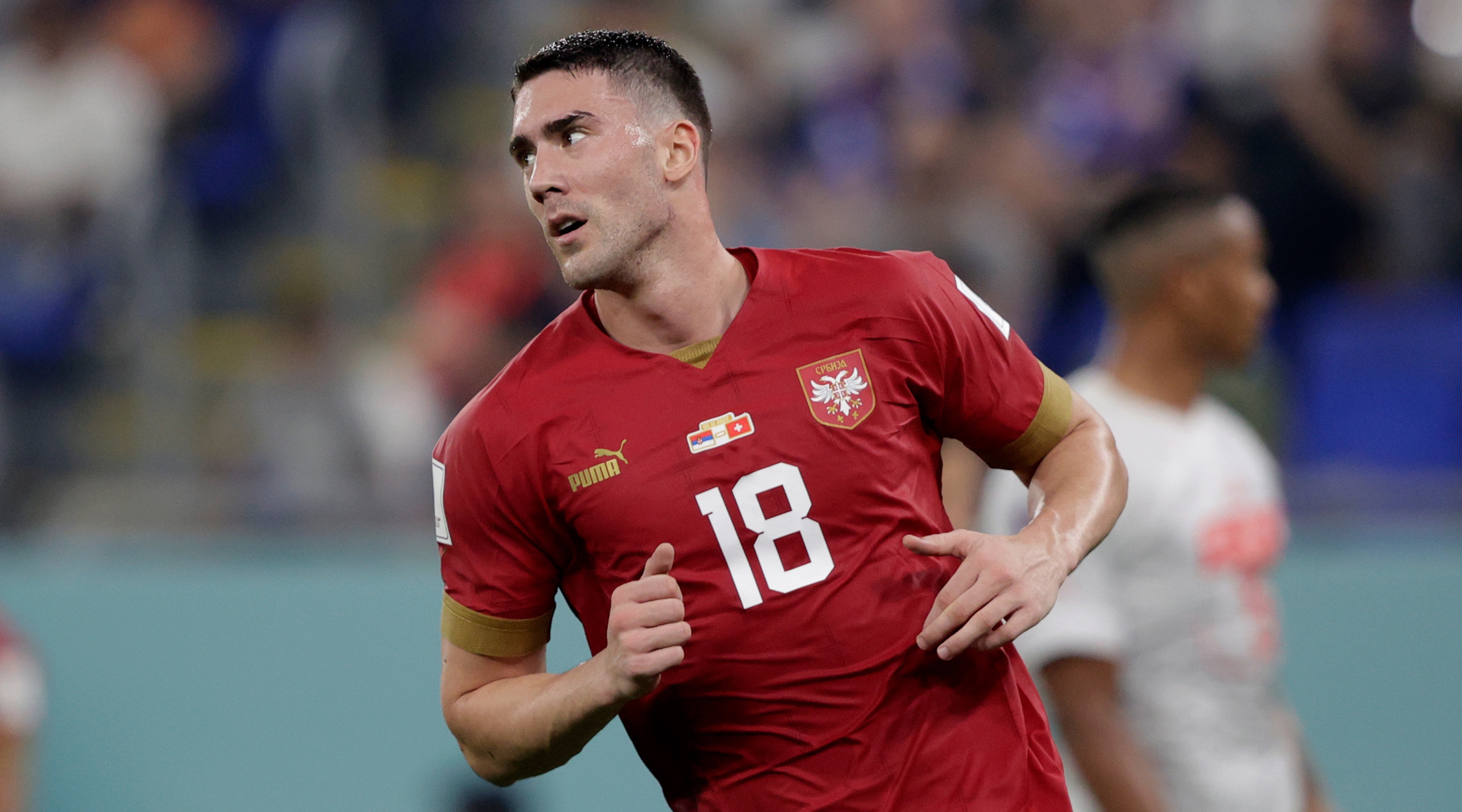 Dusan Vlahovic of Serbia in action during the FIFA World Cup 2022 match between Serbia and Switzerland on 2 December, 2022 at Stadium 974 in Doha, Qatar