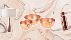 A beige swirl background with copper decor cut outs
