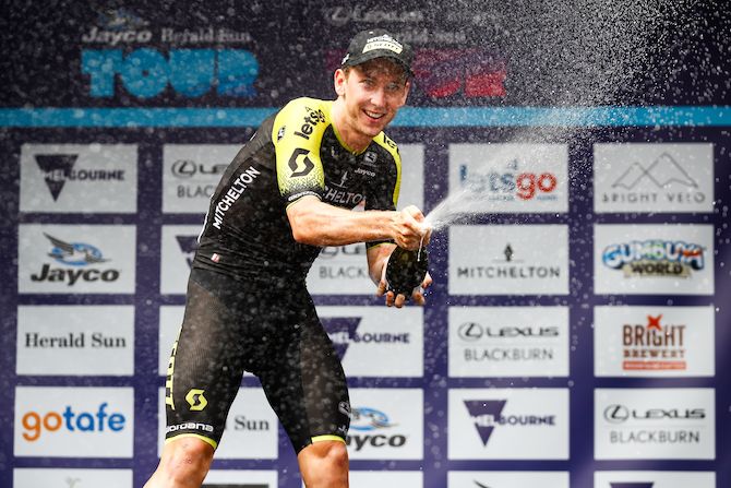 Mitchelton-Scott&rsquo;s Kaden Groves celebrates his stage victory