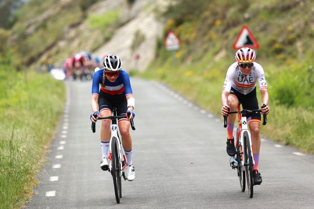 OJO GUARENA SPAIN MAY 21 LR Evita Muzic of France and Team FDJ Nouvelle Aquitaine Futuroscope and Margarita Victoria Garcia Caellas of Spain and UAE Team Adq compete in the breakaway during the 7th Vuelta a Burgos Feminas 2022 Stage 3 a 1134km stage from Medina de Pomar to Monumento Natural de Ojo Guarea 767m VueltaBurgos BurgosFem UCIWWT on May 21 2022 in Ojo Guarea Spain Photo by Gonzalo Arroyo MorenoGetty Images
