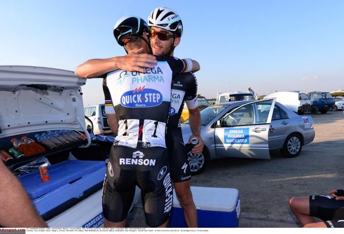 Tom Boonen celebrates with Guillaume van Keirsbulck