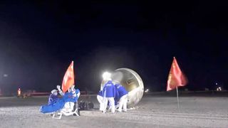 China's Shenzhou 18 spacecraft with astronauts Ye Guangfu, Li Cong and Li Guangsu is seen at the Dongfeng landing site in north China after landing from the Tiangong space station on Sunday, Nov. 3, 2024.