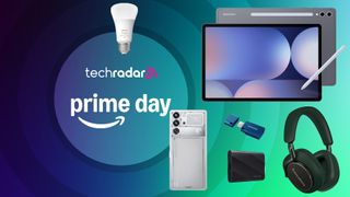 Prime Day sales banner with Samsung Galaxy Tab S10, B&W Headphones, Samsung solid state drives, and Hue lightbulb, and Redmagic 10S Pro smartphone