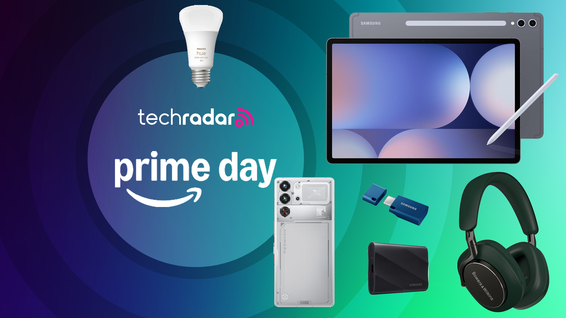 Prime Day sales banner with Samsung Galaxy Tab S10, B&W Headphones, Samsung solid state drives, and Hue lightbulb, and Redmagic 10S Pro smartphone
