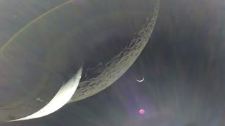 earth crescent far in background with moon looming behind spacecraft