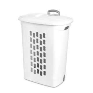 A white laundry hamper with wheels