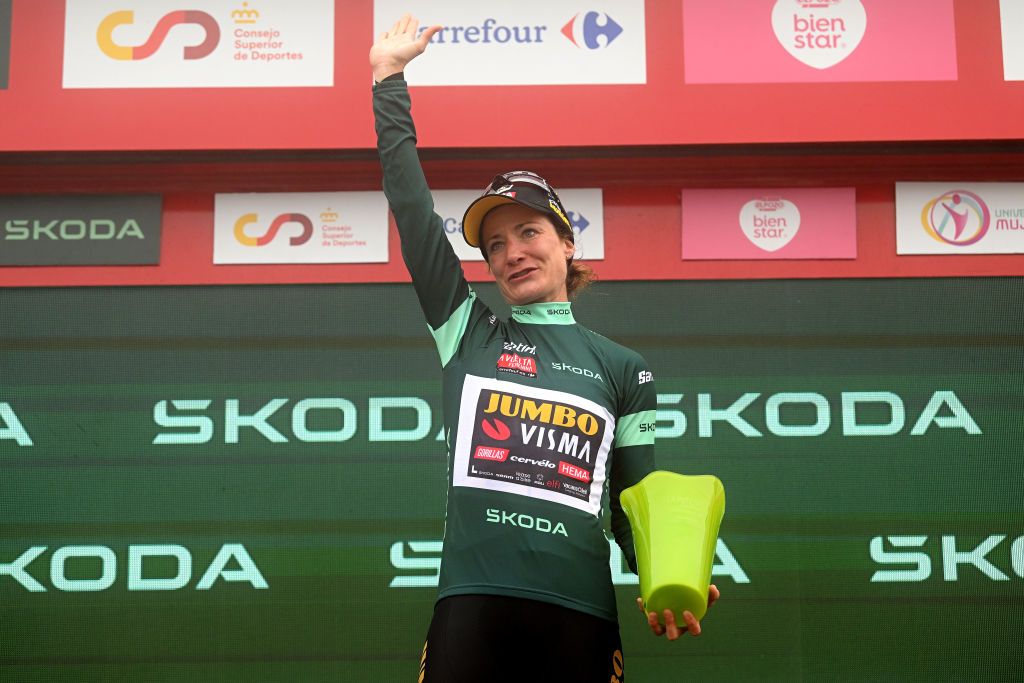 LAGOS DE COVADONGA SPAIN MAY 07 Marianne Vos of The Netherlands and Team JumboVisma celebrates at podium as Green points jersey winner during the 9th La Vuelta Femenina 2023 Stage 7 a 937km stage from Pola de Siero to Lagos de Covadonga 1079m UCIWWT on May 07 2023 in Lagos de Covadonga Spain Photo by Dario BelingheriGetty Images