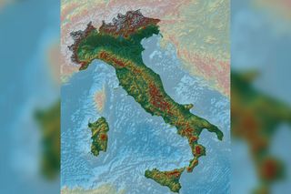 A more traditional map of Italy shows the country's elevation from lowest (green) to highest (red).