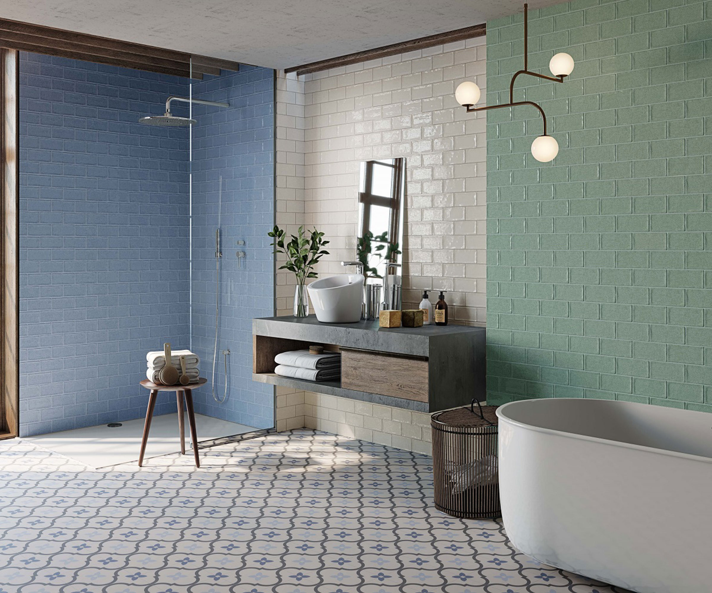 large bathroom with blue and green tiles