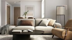neutral living room with quiet luxury trend decor of curved furniture, calming colors and tactile materials