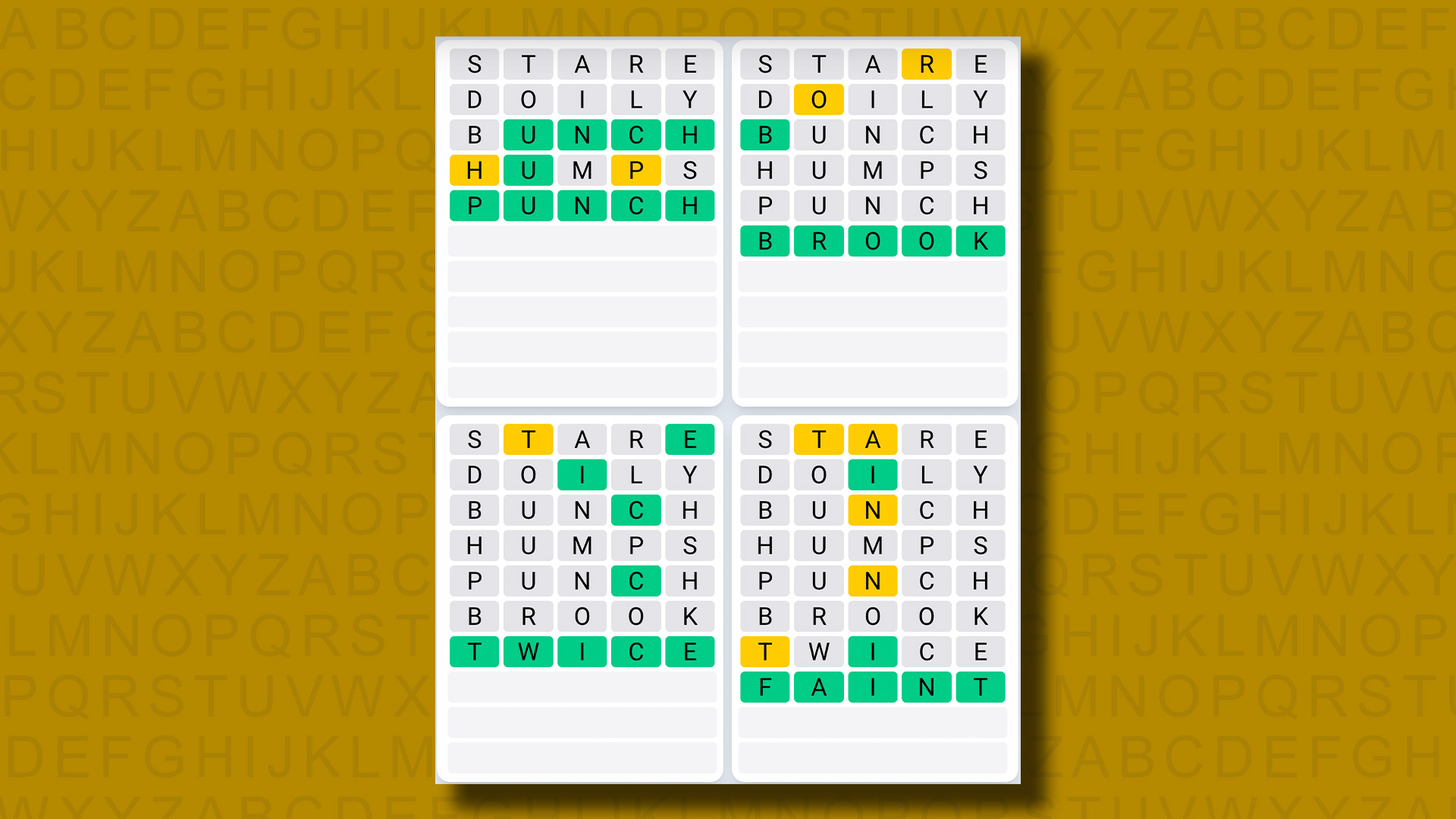 Quordle Day-to-day Sequence solutions for sport 986 on a yellow background