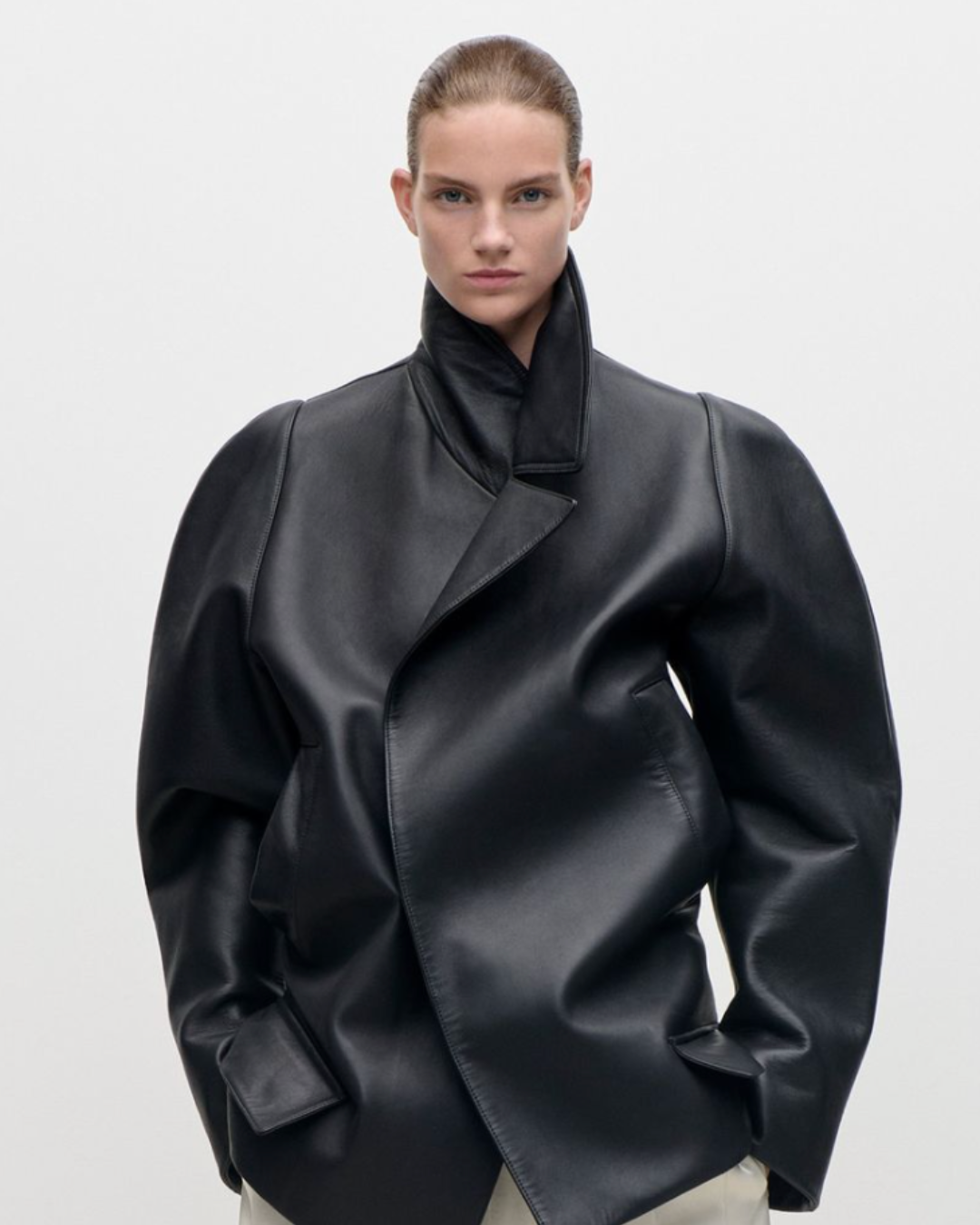 Victoria Beckham, Leather Pea Coat in Black