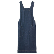 Blue denim apron with pockets showing stitching