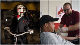 The Saw puppet at a marketing event, and someone donating blood