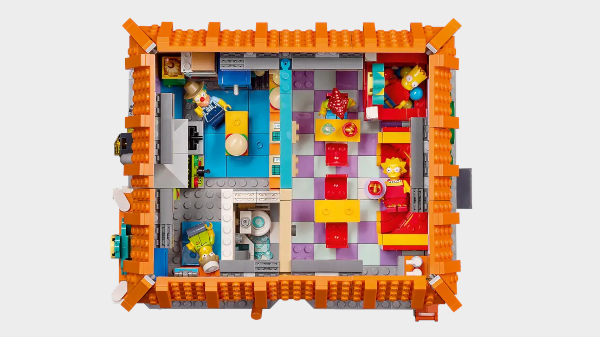Lego Krusty Burger set and minifigures against a plain background