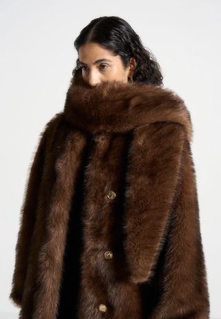 Fur Oversized Coat With Scarf - Brown