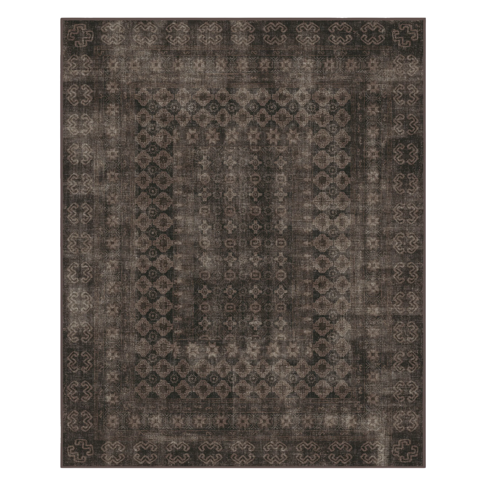 a faded rug in a dark shade of brown