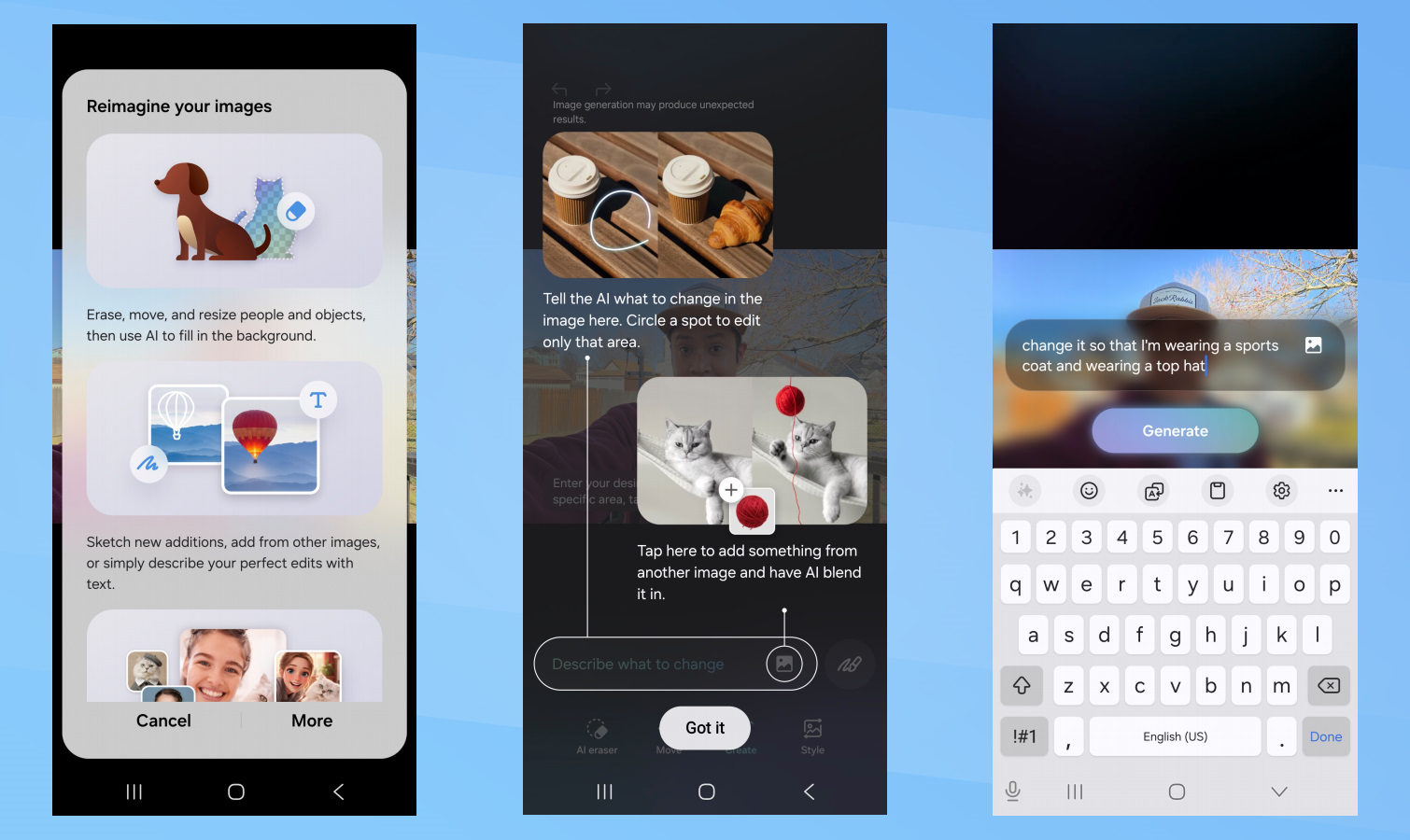Samsung Galaxy S26 Photo Assist screenshots.