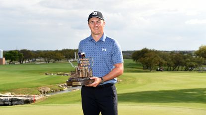 Jordan Spieth poses with the trophy after winning the 2021 Valero Texas Open