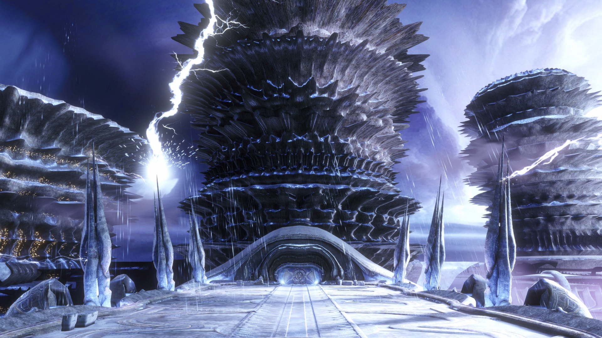 The Volt Forge vista in Metroid Prime 4 Beyond, gazing at three towering structures