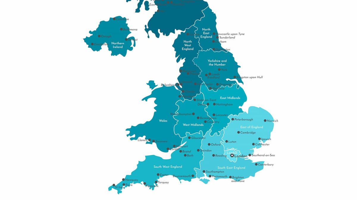 A map of the UK with shaded areas in the North and South